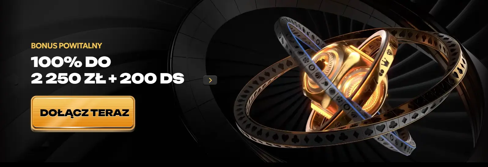 Bonus powitalny Spinsy – baner reklamowy Baner promocyjny kasyna Spinsy z ofertą bonusu powitalnego 100% do 2250 zł + 200 darmowych spinów oraz przyciskiem Dołącz Teraz na tle złotej figury 3D z symbolami kart