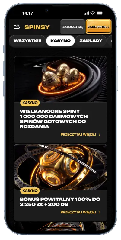 Aktualne promocje i bonusy w Spinsy Sekcja bonusów w aplikacji Spinsy z kartami promocji: Wielkanocne Spiny z milionem darmowych spinów oraz Bonus Powitalny 100% do 2250 zł + 200 DS, przefiltrowane według kategorii Kasyno
