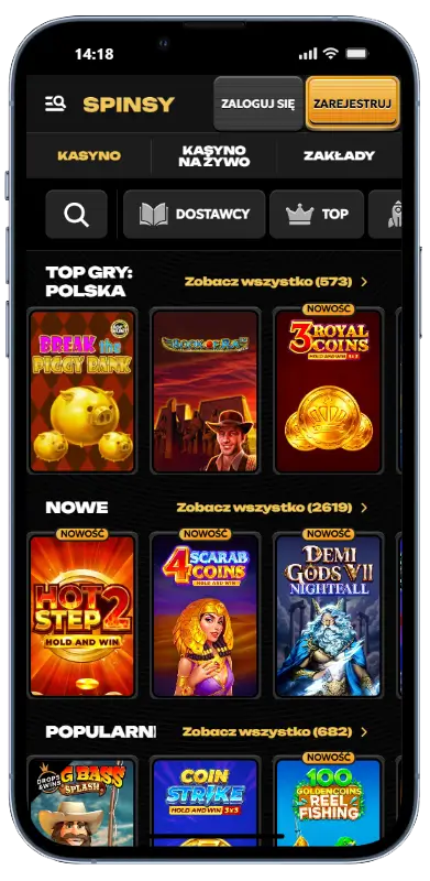 Gry kasynowe dostępne w aplikacji Spinsy Lobby gier kasyna Spinsy w aplikacji mobilnej z sekcjami Top Gry Polska, Nowe i Popularne, zawierającymi sloty takie jak Break the Piggy Bank, Book of Ra, Hot Step 2 i Demi Gods VII