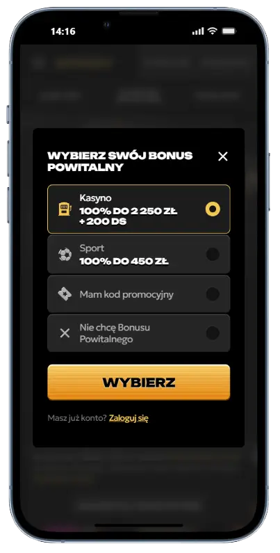 Wybór bonusu powitalnego – rejestracja Spinsy Ekran rejestracji w aplikacji mobilnej Spinsy z wyborem bonusu powitalnego: Kasyno 100% do 2250 zł + 200 DS, Sport 100% do 450 zł oraz opcja kodu promocyjnego